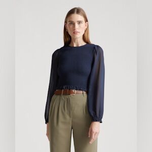Quince Navy Cropped Blouse with Sheer Sleeves